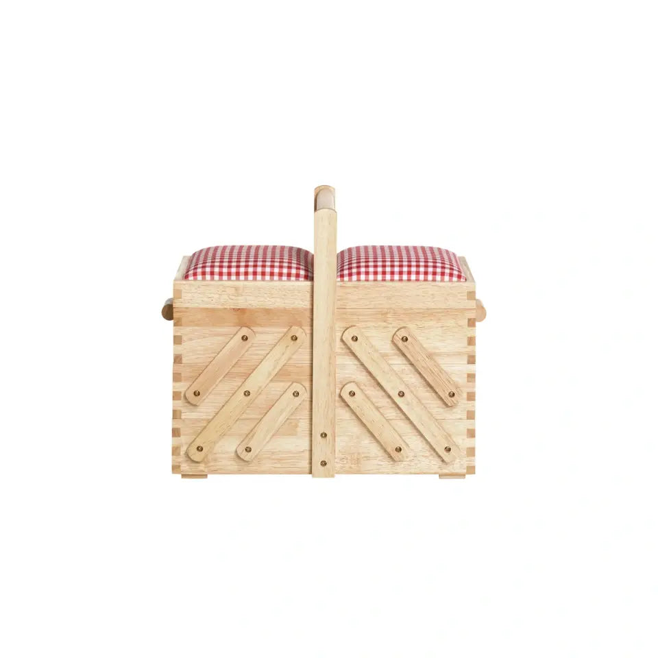 Prym Sewing Box Light Wood and Red Gingham Fabric