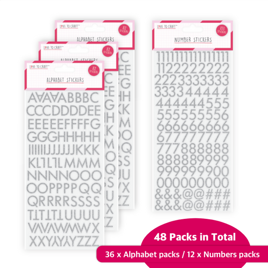 Love To Craft Alphabet and Number Stickers Silver 48 piece - 36x Alpha & 12 Numbers