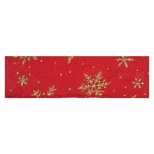 Glitter Gold Snowflakes on a Red 50mm Wired Edge Ribbon 10 metre reel