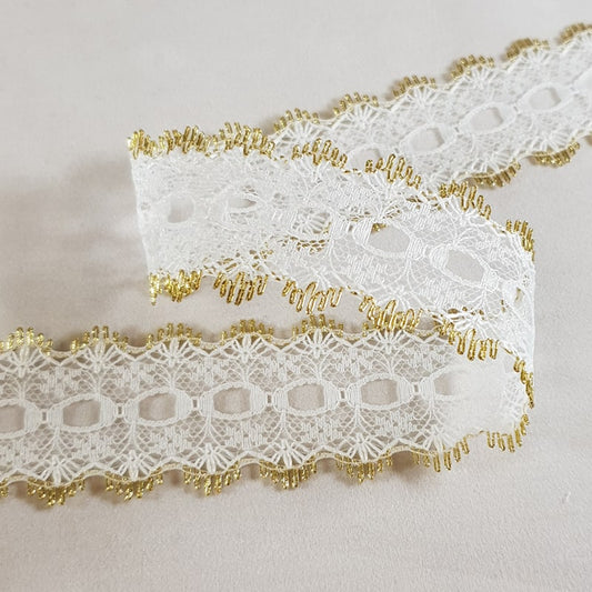 Knitting In Eyelet Lace 30mm White/Gold x 50 metres
