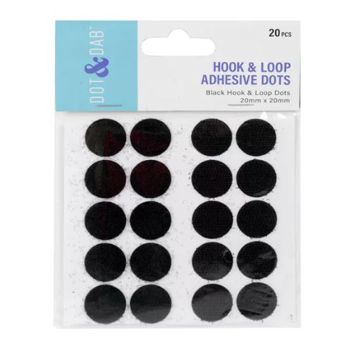 Dot & Dab Hook & Loop Fastening Dots 2cm diameter (5 dots per sheet -  4 sheets per pack) Black