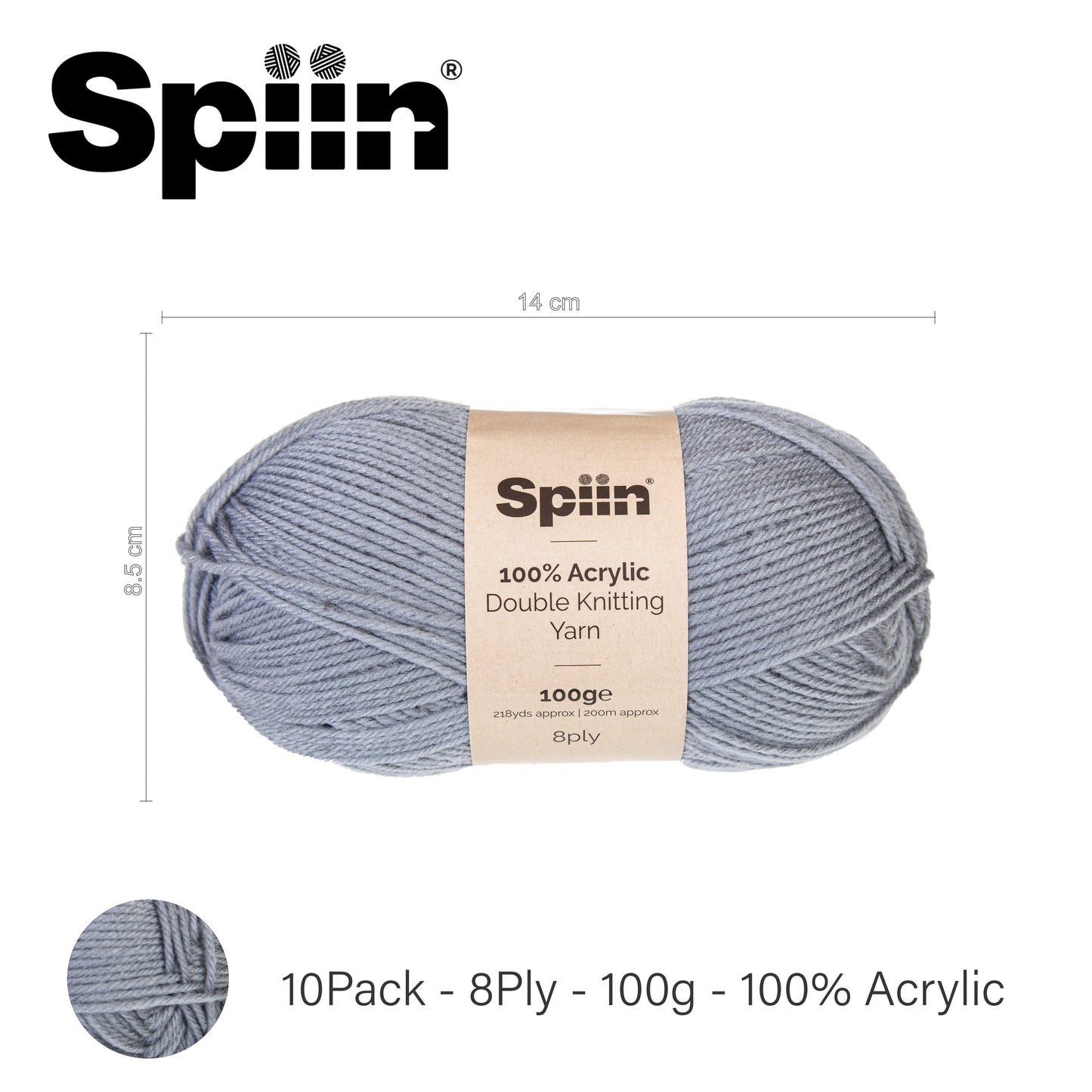 Spiin High Quality Double Knit Yarn - 10x100g Balls Grey