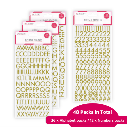 Love To Craft Alphabet and Number Stickers Gold 48piece -36x Alpha & 12x Numbers