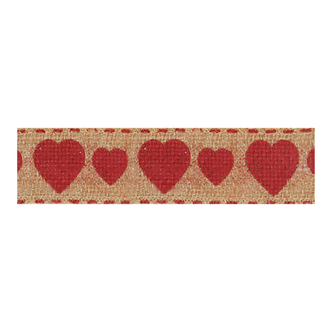 Hessian Ribbon 38mm with Printed Red Hearts 10 metre reel