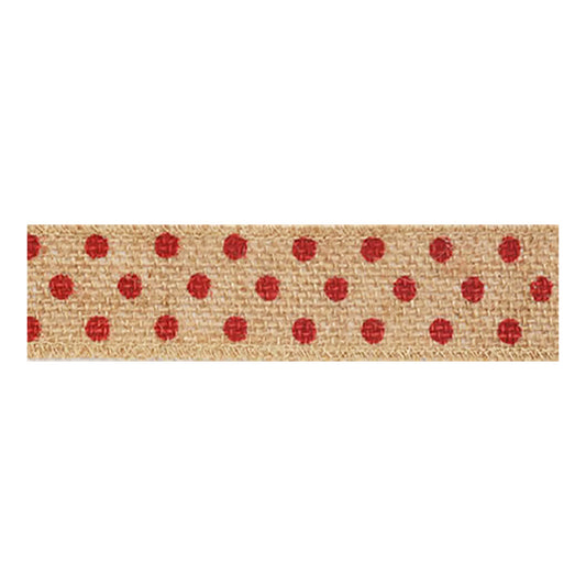 Hessian Ribbon 38mm with Printed Red Spots 10 metre reel