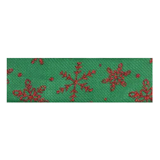 Glitter Red Snowflakes on a Green 50mm Wired Edge Ribbon 10 metre reel