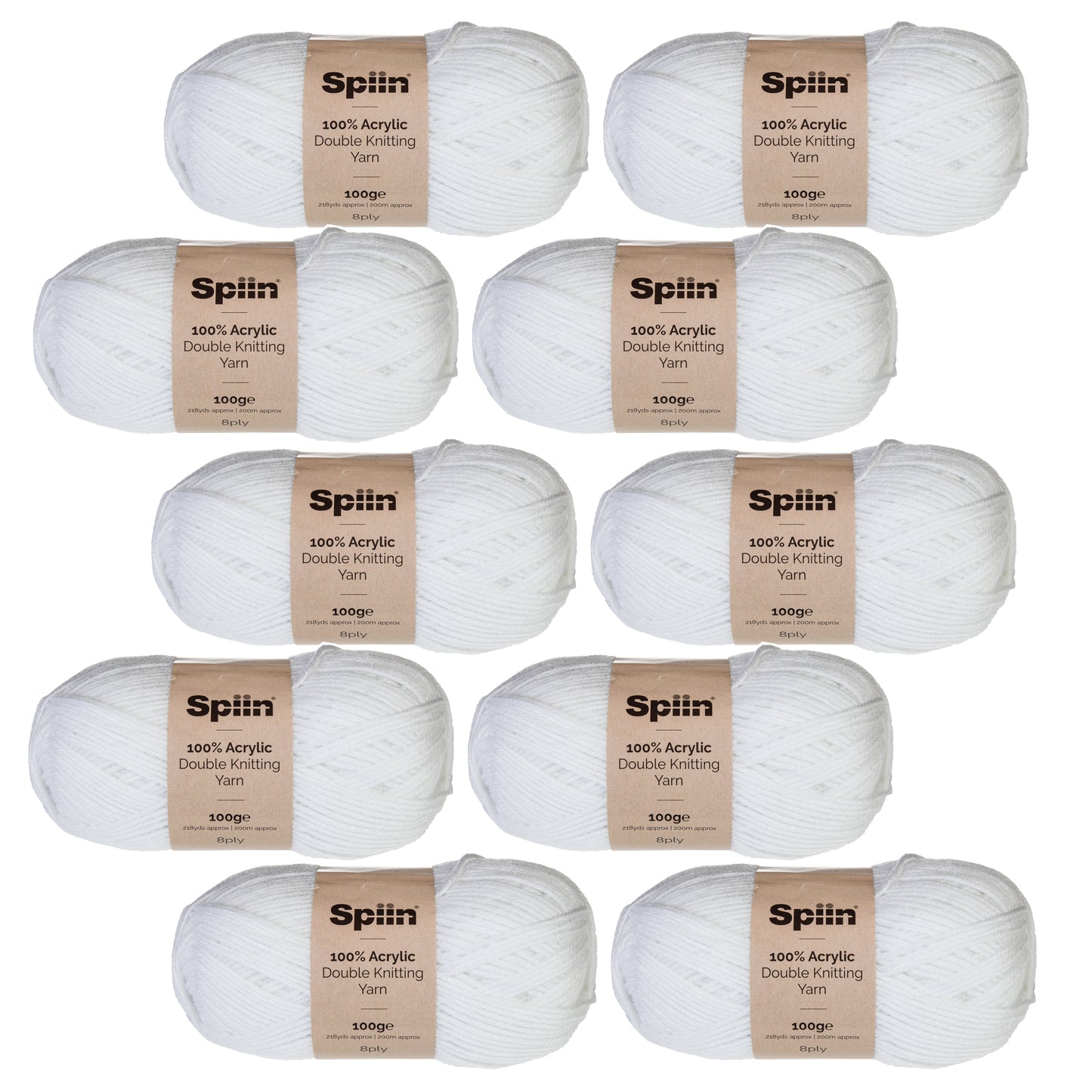 Spiin High Quality Double Knit Yarn - 10x100g Balls White