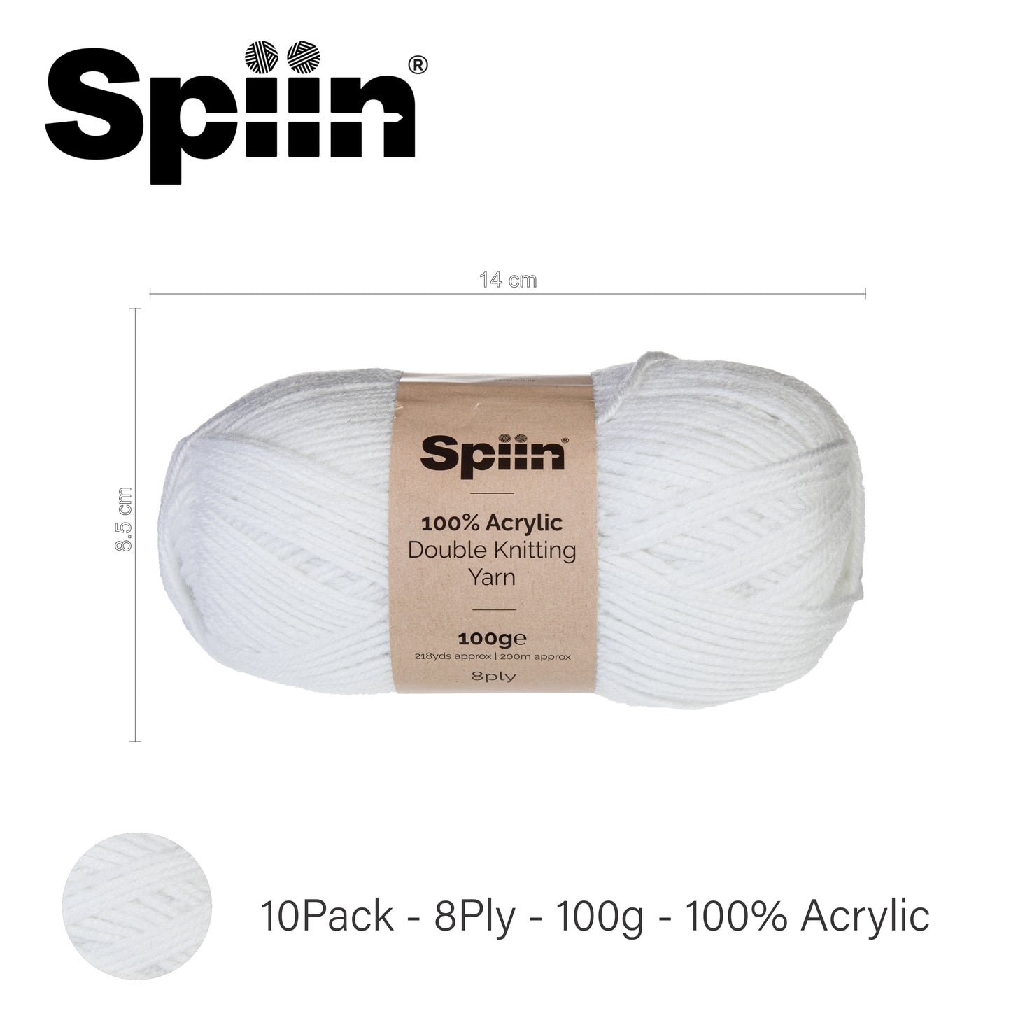 Spiin High Quality Double Knit Yarn - 10x100g Balls White
